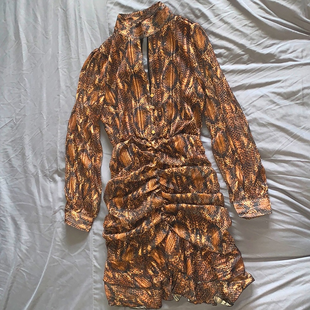 Brown Ruffled Snakeprint Dress
